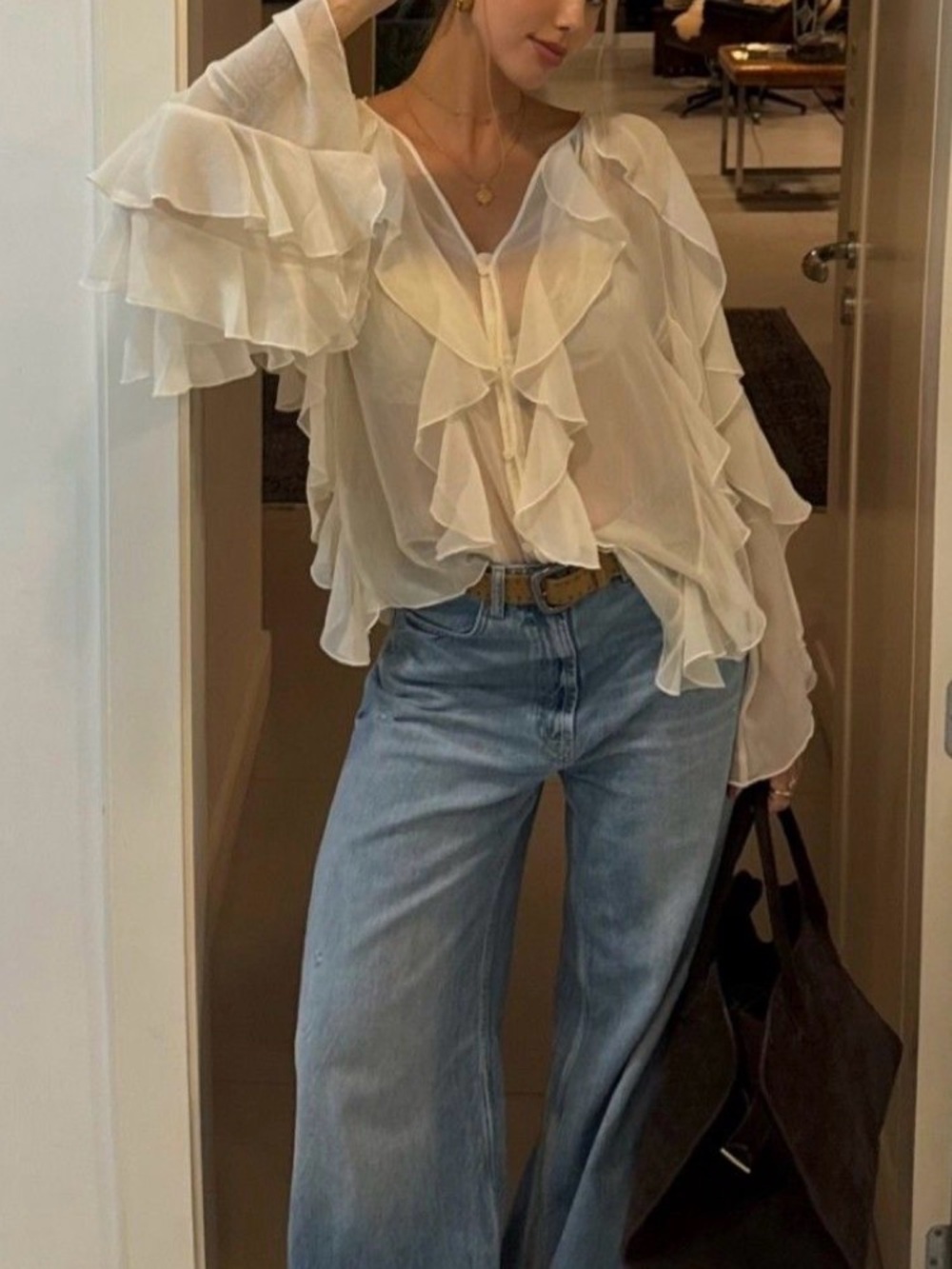 Allison Taylor White Ruffle Tie-Front Blouse - size L